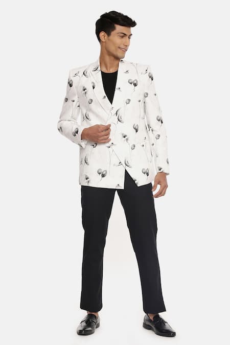 Mayank Modi - Men White 100% Linen Printed Blazer 