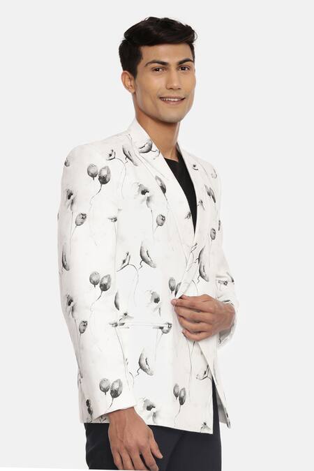 Mayank Modi - Men White 100% Linen Printed Blazer Online at Aza Fashions Mayank Modi - Men_White 100% Linen Printed Blazer_Online_at_Aza_Fashions