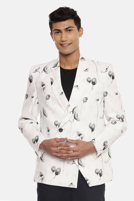 Shop Mayank Modi - Men White 100% Linen Printed Blazer Online at Aza Fashions Shop_Mayank Modi - Men_White 100% Linen Printed Blazer_Online_at_Aza_Fashions