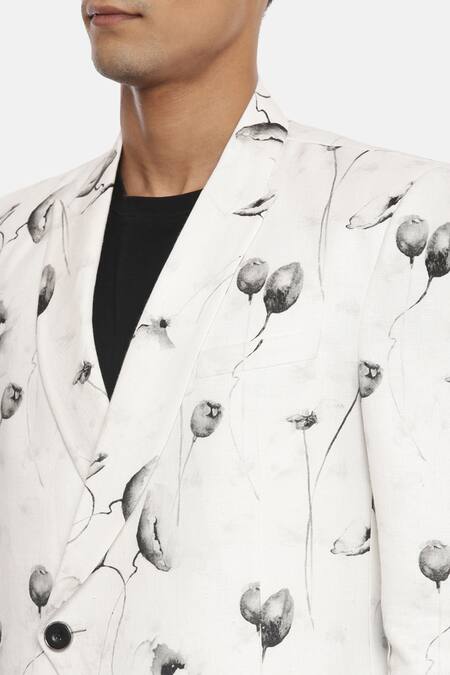 Mayank Modi - Men White 100% Linen Printed Blazer at Aza Fashions Mayank Modi - Men_White 100% Linen Printed Blazer_at_Aza_Fashions