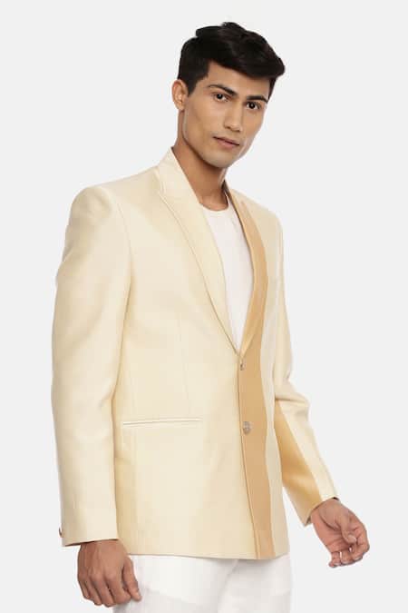 Mayank Modi - Men_Gold Silk Cotton Colorblock Blazer _Online_at_Aza_Fashions