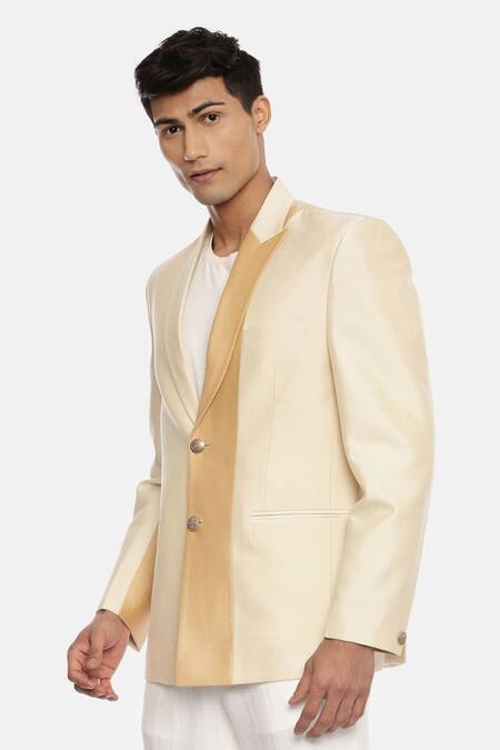 Buy_Mayank Modi - Men_Gold Silk Cotton Colorblock Blazer _Online_at_Aza_Fashions