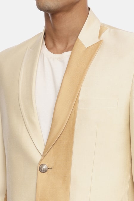 Mayank Modi - Men_Gold Silk Cotton Colorblock Blazer _at_Aza_Fashions