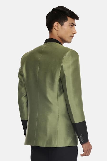 Shop_Mayank Modi - Men_Green Silk Cotton Blazer _at_Aza_Fashions
