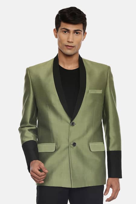 Shop_Mayank Modi - Men_Green Silk Cotton Blazer _Online_at_Aza_Fashions