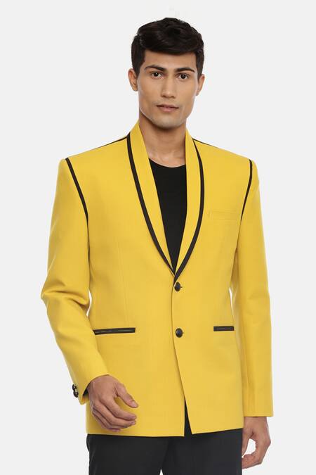 Shop_Mayank Modi - Men_Yellow Cotton Shawl Lapel Blazer For Kids_Online_at_Aza_Fashions