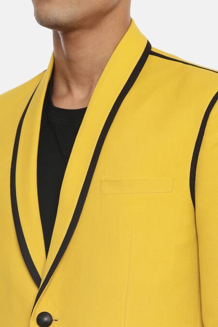 Mayank Modi - Men_Yellow Cotton Shawl Lapel Blazer For Kids_at_Aza_Fashions