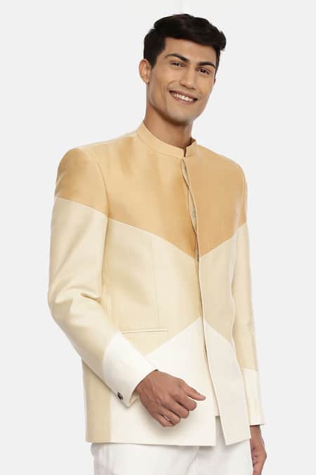 Mayank Modi - Men_Multi Color Silk Cotton Colorblock Bandhgala _Online_at_Aza_Fashions