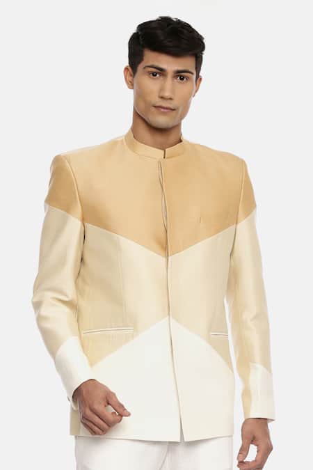 Shop_Mayank Modi - Men_Multi Color Silk Cotton Colorblock Bandhgala _Online_at_Aza_Fashions