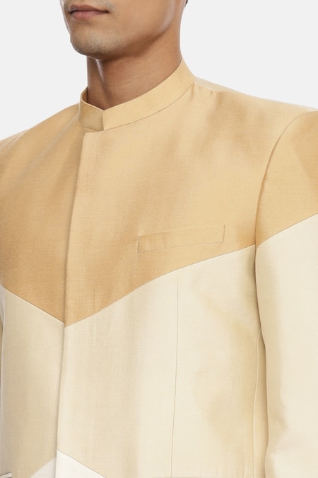 Mayank Modi - Men_Multi Color Silk Cotton Colorblock Bandhgala _at_Aza_Fashions