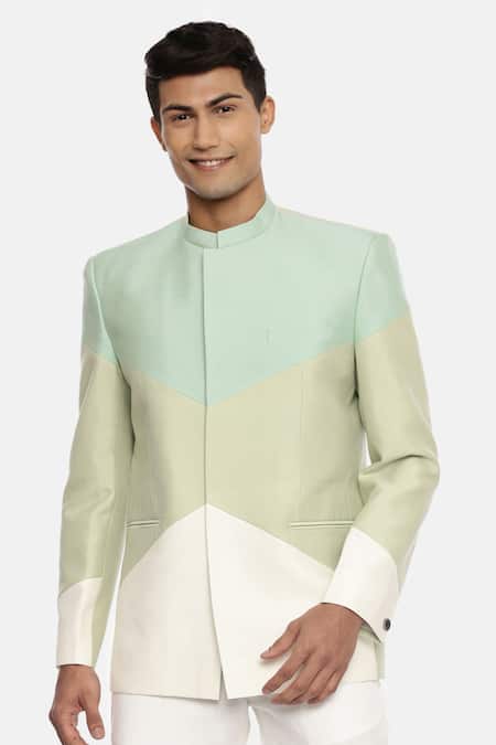 Shop_Mayank Modi - Men_Multi Color Silk Cotton Colorblock Bandhgala _Online_at_Aza_Fashions