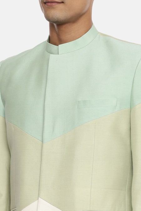 Mayank Modi - Men_Multi Color Silk Cotton Colorblock Bandhgala _at_Aza_Fashions