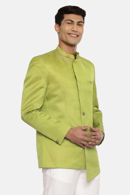 Mayank Modi - Men_Green 100% Silk Asymmetric Bandhgala _Online_at_Aza_Fashions