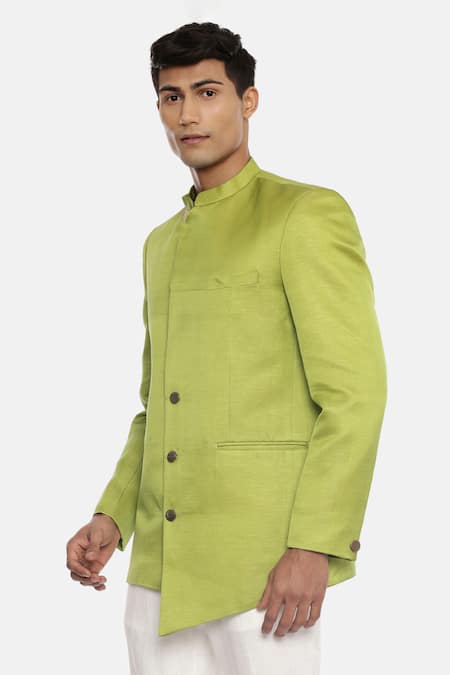 Buy_Mayank Modi - Men_Green 100% Silk Asymmetric Bandhgala _Online_at_Aza_Fashions