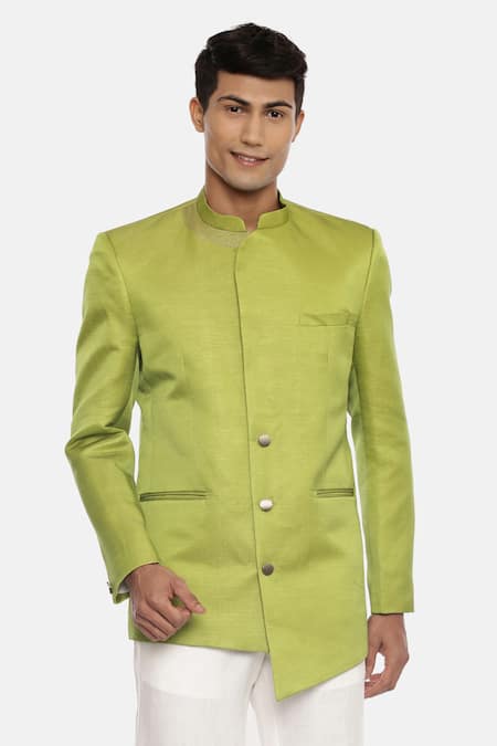 Shop_Mayank Modi - Men_Green 100% Silk Asymmetric Bandhgala _Online_at_Aza_Fashions