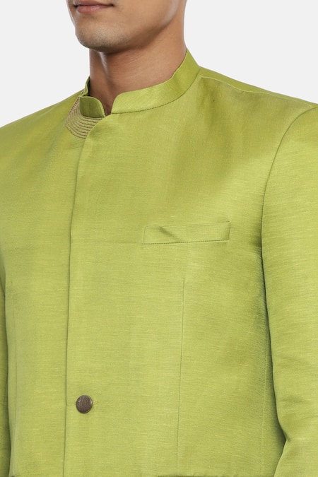Mayank Modi - Men_Green 100% Silk Asymmetric Bandhgala _at_Aza_Fashions