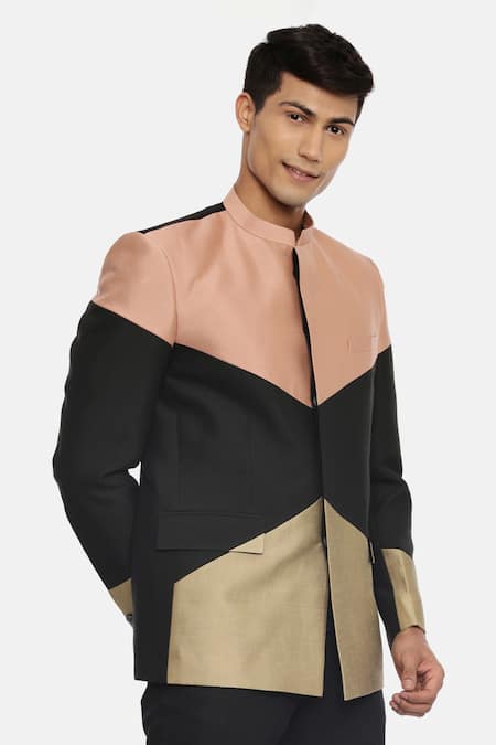 Mayank Modi - Men_Multi Color Silk Cotton Colorblock Bandhgala _Online_at_Aza_Fashions