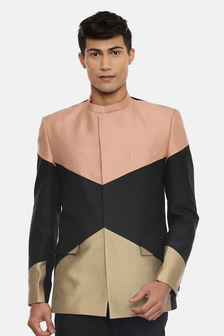 Shop_Mayank Modi - Men_Multi Color Silk Cotton Colorblock Bandhgala _Online_at_Aza_Fashions