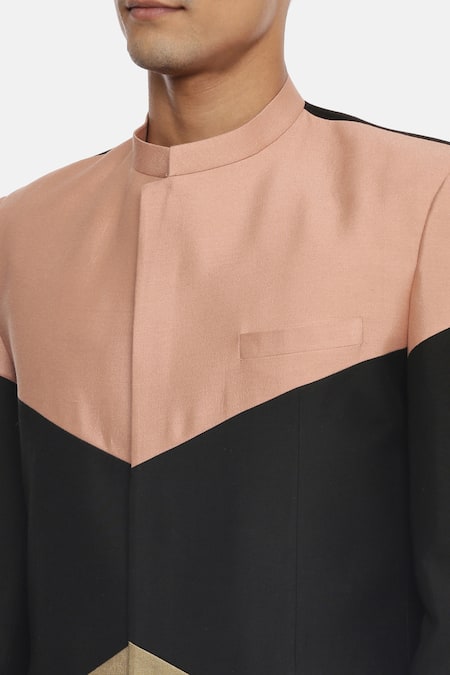 Mayank Modi - Men_Multi Color Silk Cotton Colorblock Bandhgala _at_Aza_Fashions