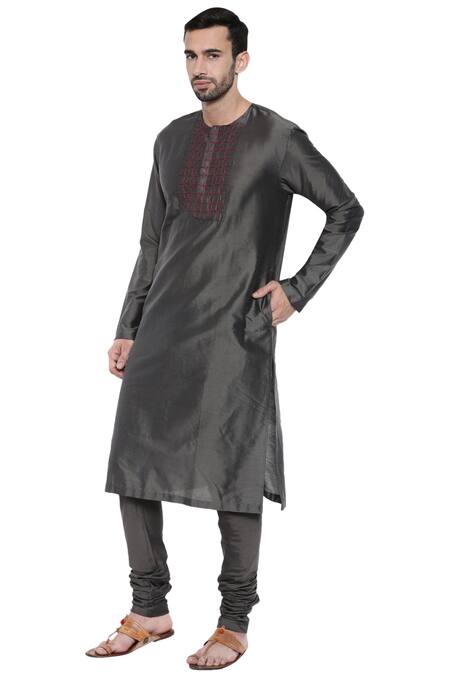 Mayank Modi - Men_Grey Cotton, Silk Embroidery Placket Kurta Set_Online_at_Aza_Fashions