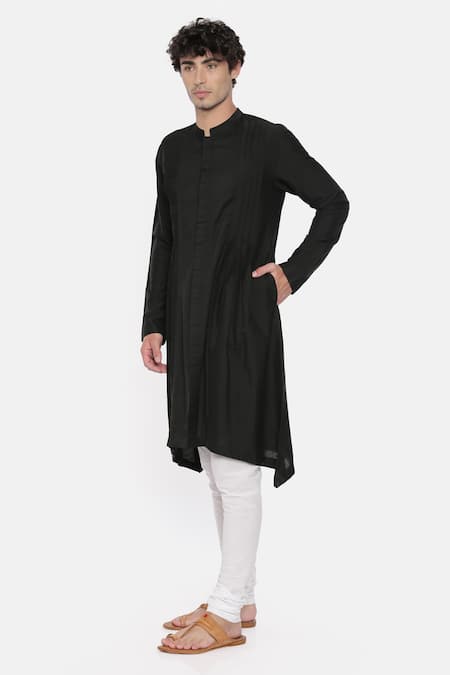 Mayank Modi - Men_Black Silk, Cotton Pleated Asymmetric Kurta Set_Online_at_Aza_Fashions