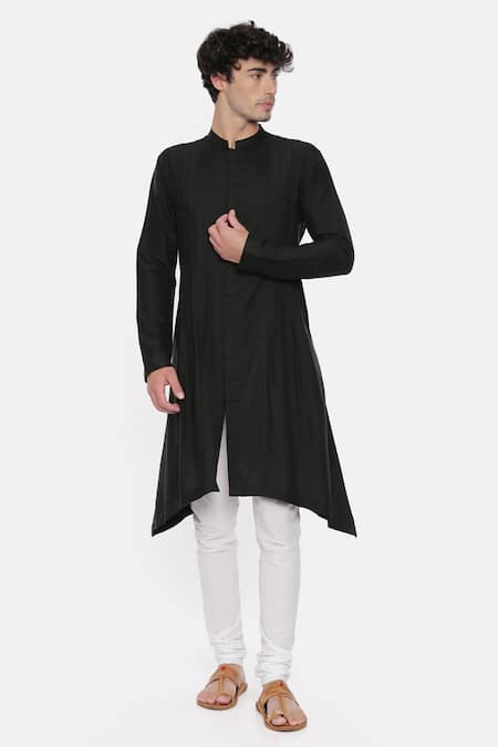 Buy_Mayank Modi - Men_Black Silk, Cotton Pleated Asymmetric Kurta Set_Online_at_Aza_Fashions