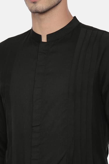Mayank Modi - Men_Black Silk, Cotton Pleated Asymmetric Kurta Set_at_Aza_Fashions