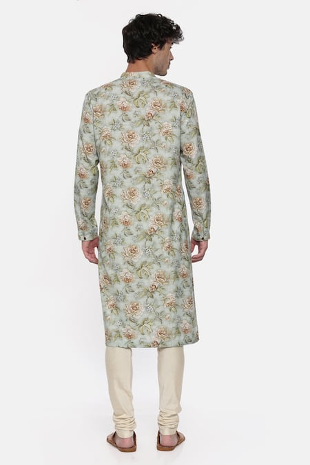 Shop_Mayank Modi - Men_Green Linen Floral Print Kurta Set _at_Aza_Fashions