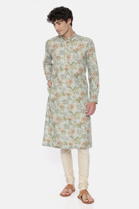 Buy_Mayank Modi - Men_Green Linen Floral Print Kurta Set _Online_at_Aza_Fashions