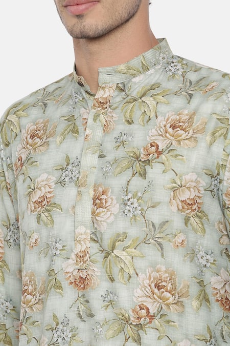 Mayank Modi - Men_Green Linen Floral Print Kurta Set _at_Aza_Fashions