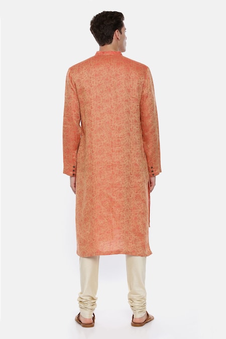 Shop Mayank Modi - Men Orange Jacquard, Linen Asymmetric Kurta Set at Aza Fashions Shop_Mayank Modi - Men_Orange Jacquard, Linen Asymmetric Kurta Set_at_Aza_Fashions