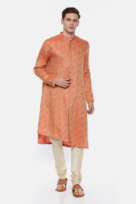 Mayank Modi - Men Orange Jacquard, Linen Asymmetric Kurta Set Online at Aza Fashions Mayank Modi - Men_Orange Jacquard, Linen Asymmetric Kurta Set_Online_at_Aza_Fashions