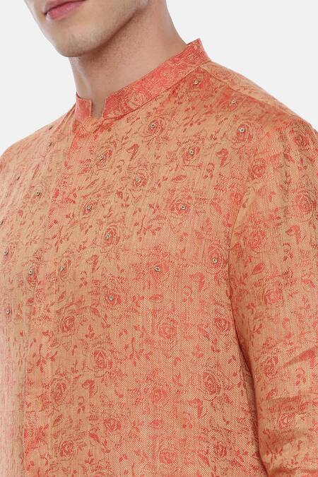 Shop Mayank Modi - Men Orange Jacquard, Linen Asymmetric Kurta Set Online at Aza Fashions Shop_Mayank Modi - Men_Orange Jacquard, Linen Asymmetric Kurta Set_Online_at_Aza_Fashions