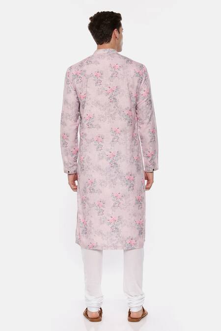 Shop_Mayank Modi - Men_Pink 100% Linen Printed Kurta Set _at_Aza_Fashions