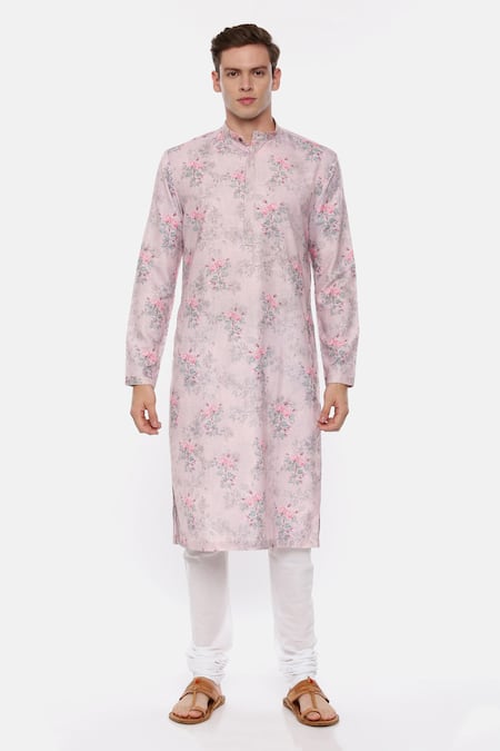 Mayank Modi - Men_Pink 100% Linen Printed Kurta Set _Online_at_Aza_Fashions