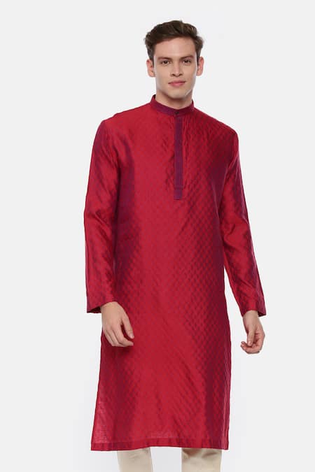 Mayank Modi - Men Red Silk Jacquard Kurta Set 