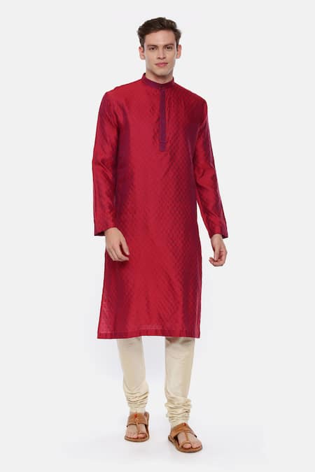 Mayank Modi - Men_Red Silk, Cotton, Linen Jacquard Kurta Set_Online_at_Aza_Fashions