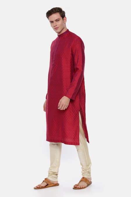 Buy_Mayank Modi - Men_Red Silk, Cotton, Linen Jacquard Kurta Set_Online_at_Aza_Fashions