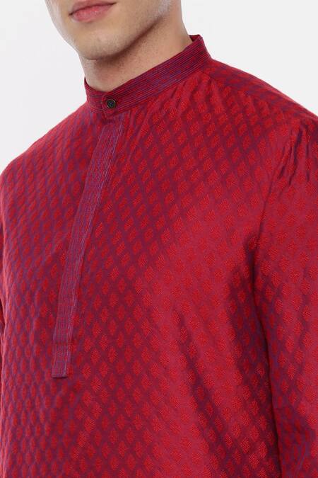Shop_Mayank Modi - Men_Red Silk, Cotton, Linen Jacquard Kurta Set_Online_at_Aza_Fashions