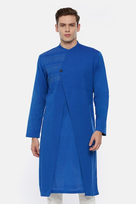 Mayank Modi - Men Blue Malai Cotton Overlap Kurta Set 