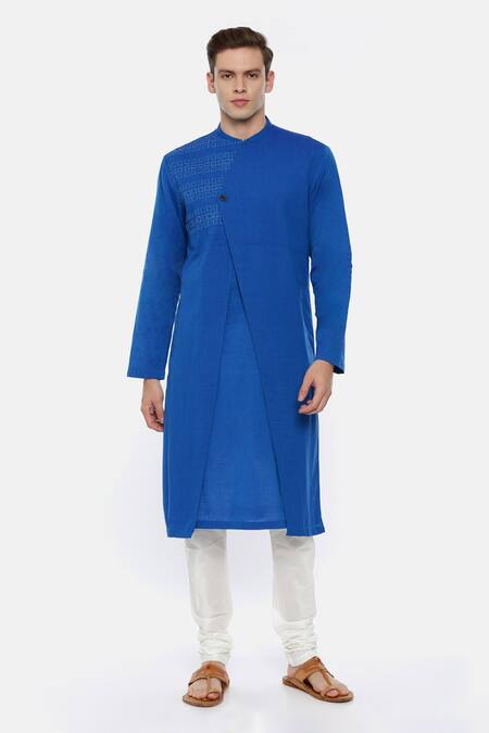 Mayank Modi - Men_Blue Malai Cotton Overlap Kurta Set_Online_at_Aza_Fashions