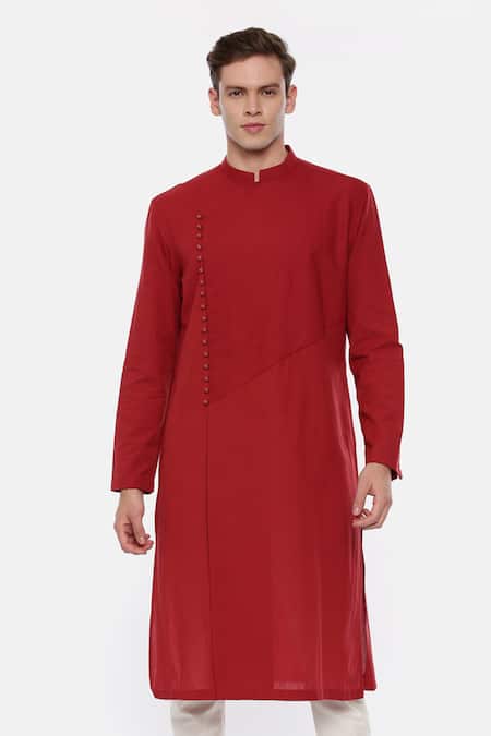 Mayank Modi - Men Red Malai Cotton Overlap Kurta Set 