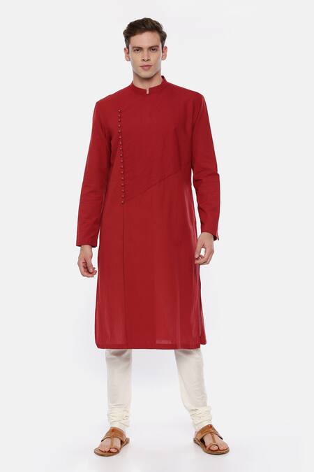 Mayank Modi - Men Red Malai Cotton Overlap Kurta Set Online at Aza Fashions Mayank Modi - Men_Red Malai Cotton Overlap Kurta Set _Online_at_Aza_Fashions