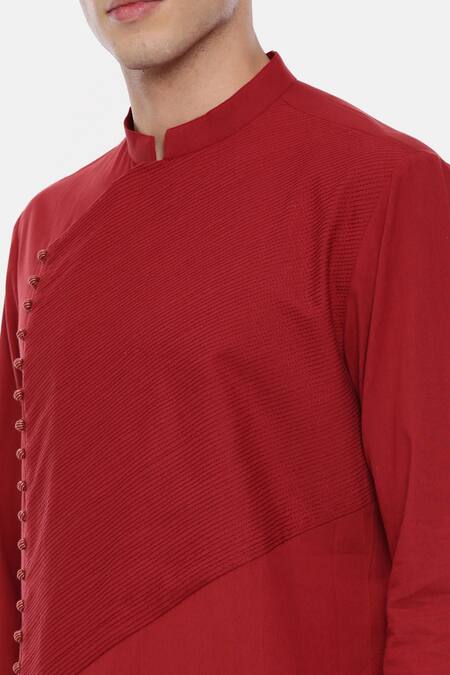 Shop Mayank Modi - Men Red Malai Cotton Overlap Kurta Set Online at Aza Fashions Shop_Mayank Modi - Men_Red Malai Cotton Overlap Kurta Set _Online_at_Aza_Fashions