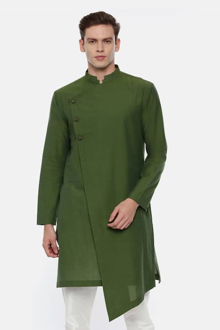 Mayank Modi - Men Green Malai Cotton Overlap Kurta Set 
