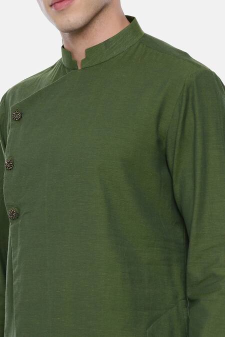 Shop_Mayank Modi - Men_Green Malai Cotton Overlap Kurta Set _Online_at_Aza_Fashions