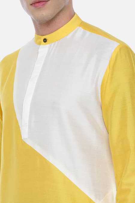 Shop_Mayank Modi - Men_Multi Color Silk, Cotton Colorblock Kurta Set_Online_at_Aza_Fashions