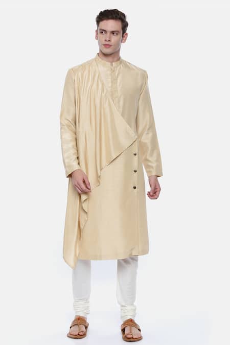Mayank Modi - Men_Beige Silk, Linen Draped Kurta Set _Online_at_Aza_Fashions