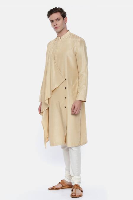 Buy_Mayank Modi - Men_Beige Silk, Linen Draped Kurta Set _Online_at_Aza_Fashions