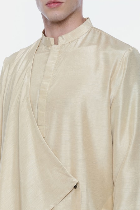 Shop_Mayank Modi - Men_Beige Silk, Linen Draped Kurta Set _Online_at_Aza_Fashions
